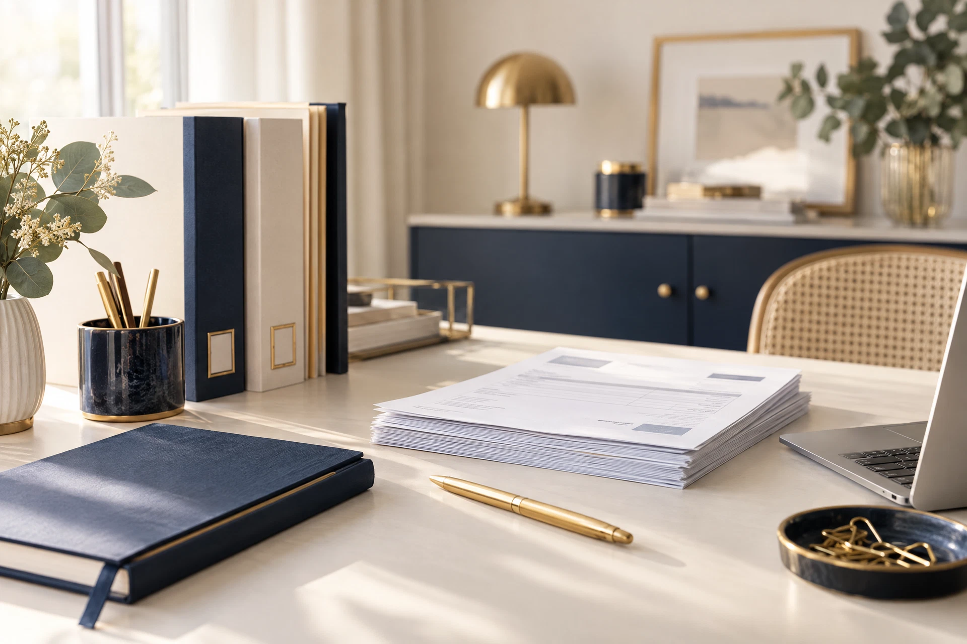 Bureau organisé avec dossiers et carnet